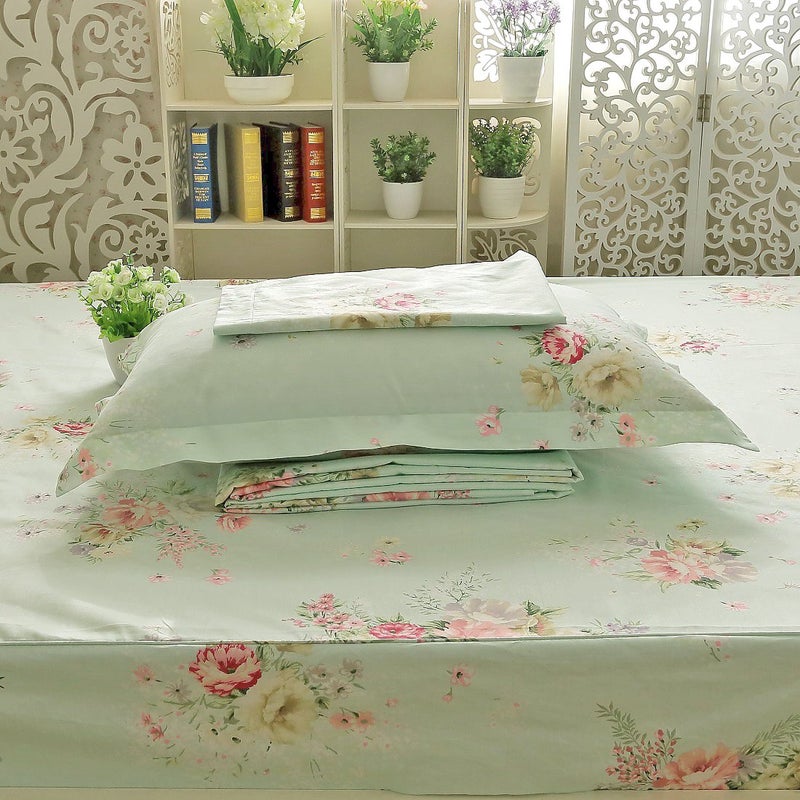 FADFAY Green Floral Bed Sheet Set Cotton Sheets 4-Piece King Size - Image 5